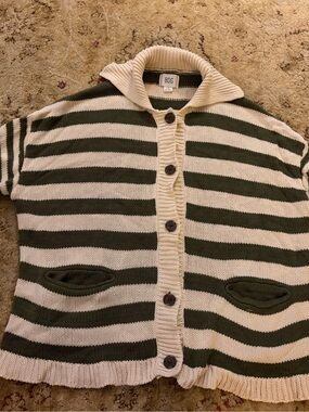 BDG Women's Striped Button-Up Sweater Cardigan - Cream & Olive Urban Outfitters